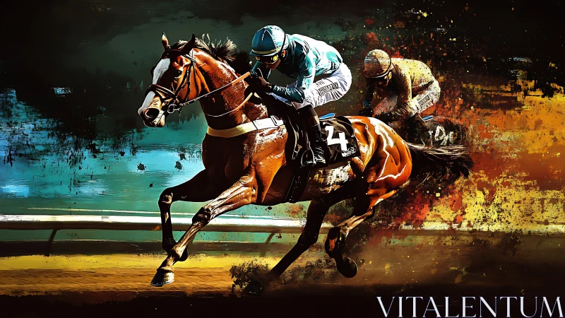 Dynamic racehorse sprint rendered in explosive color fields.