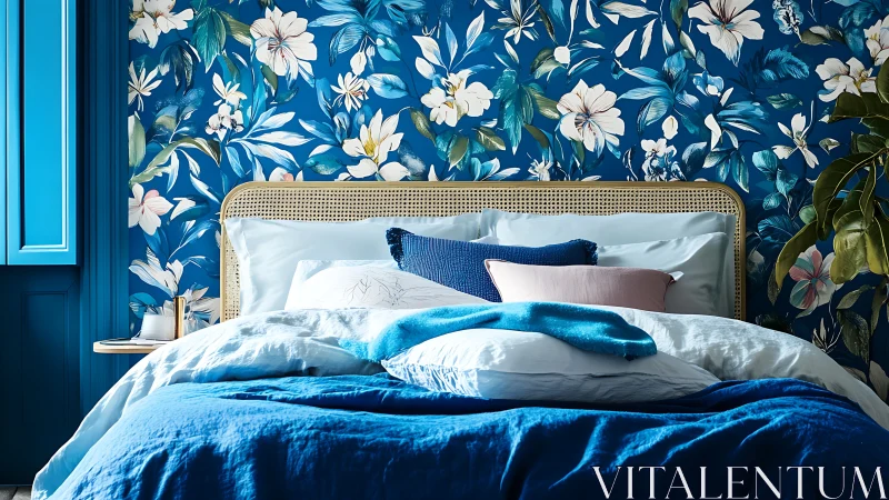 Cozy blue bedroom invites rest with lush floral wallpaper