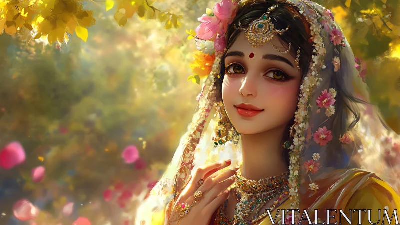 Radiant floral portrait of jeweled woman in golden bokeh garden