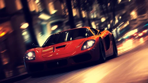 Red supercar racing through blurred neon city streets.