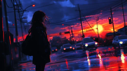 Silhouette girl measures twilight against neon rain streets