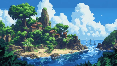 Pixel art island ruins with tropical vegetation and sailboats.