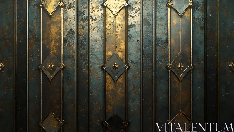Ornate teal metal wall shows vertical gilded geometric panels