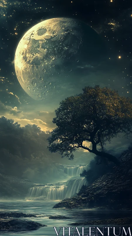Lunar-lit waterfall valley beneath colossal celestial moon.