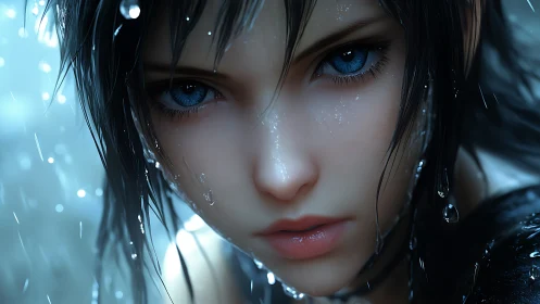 Rain-soaked blue-eyed warrior girl in glistening close-up.