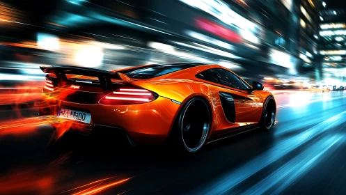 Midnight orange supercar streaking through neon city streets.