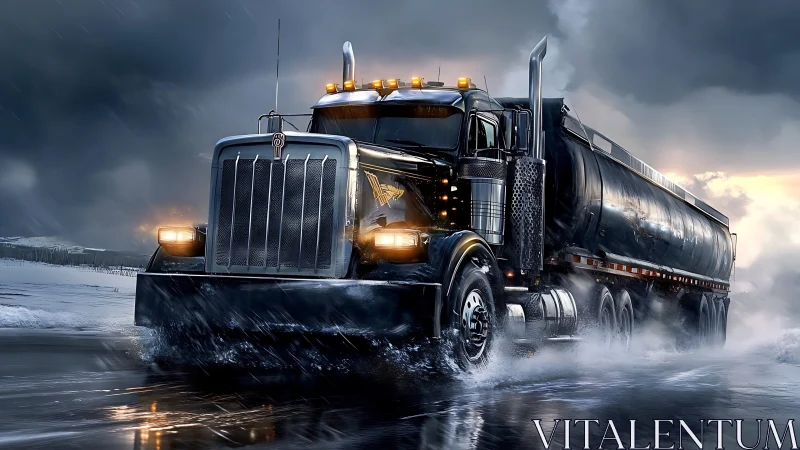 Powerful black tanker truck roars through a stormy winter road