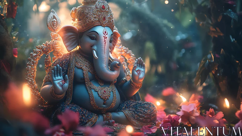 Serene Ganesha idol glows amid flowers and candlelight.