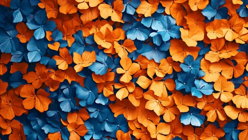 Dense orange and blue floral field forms a flat color plane