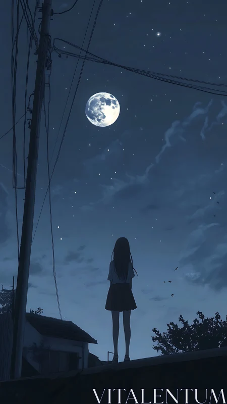 Silhouetted girl studies full moon over suburban skyline