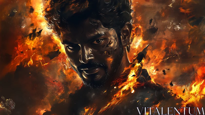 Intense male portrait engulfed in swirling digital flames.