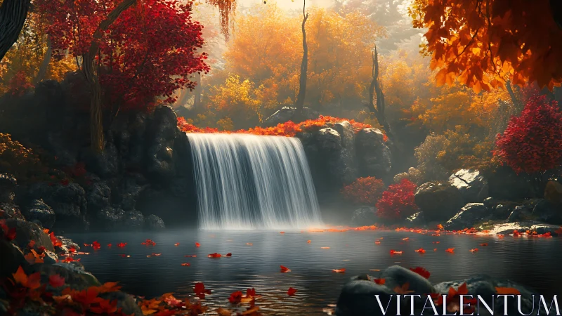 Autumn forest waterfall bathed in misty golden backlight.