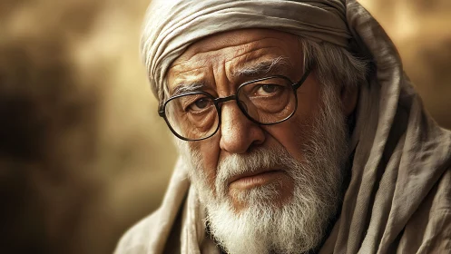 Weathered elder in desert robes under warm golden light.