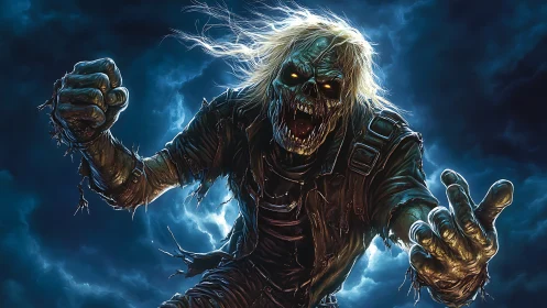 Undead rocker lunges forward in stormlit digital horror scene.