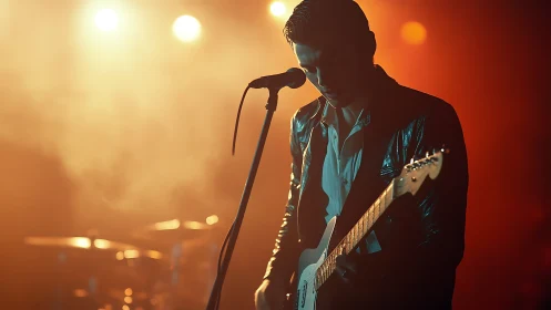 Backlit guitarist at microphone in atmospheric stage haze.
