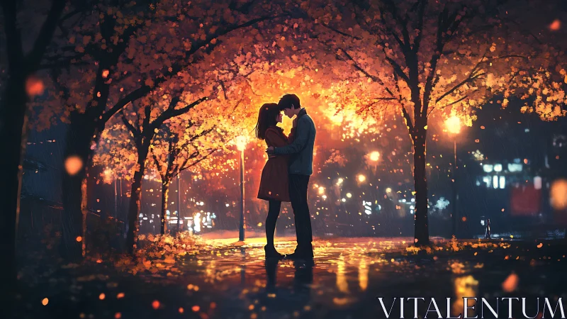Silhouetted Couple Embracing Under Luminous Autumn Canopy with Bokeh