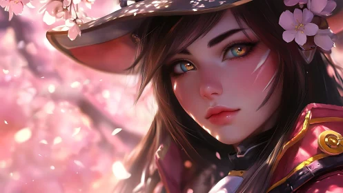 Anime swordswoman portrait under pink blossom canopy.