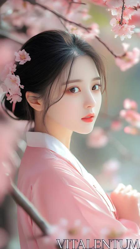 Girl in pink kimono stands amid soft spring cherry blossoms
