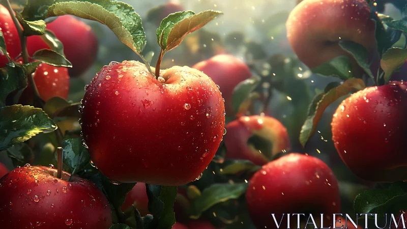 Sunlit dewy apples glow richly in a lush orchard morning