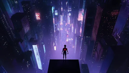 Cyberpunk city descent with silhouetted hero in neon abyss.