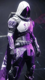 Hooded space rogue in glowing violet battle armor poised.