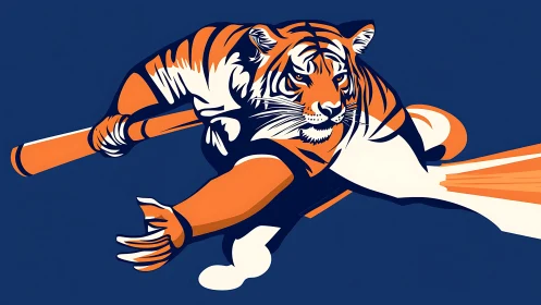 Dynamic vector tiger swinging bat with bold flat color blocking