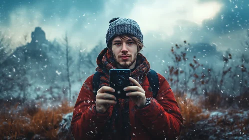Portrait of a winter photographer framed by shallow depth of field