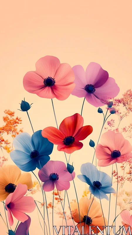 Colorful cosmos flowers arranged against soft peach background