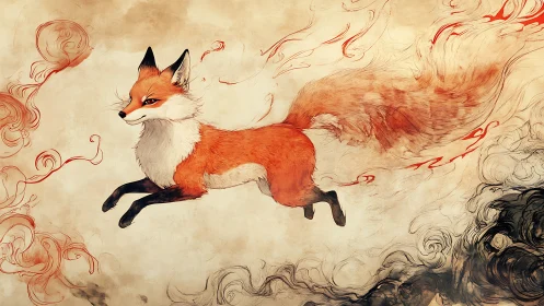 Mystical fox races through swirling ink and fire trails.