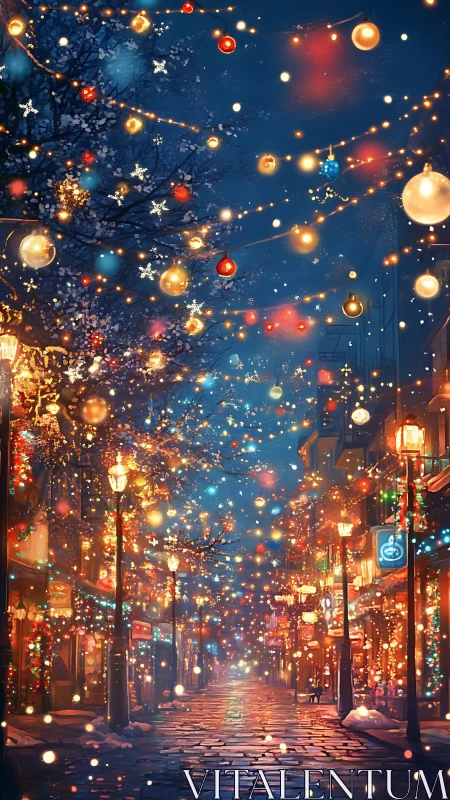 Cozy winter street glowing with festive holiday lights.