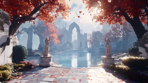 Autumn-lit ruined temple reflects in a tranquil blue pool.