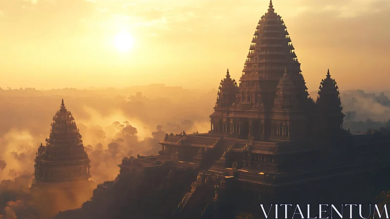 Sunrise crowns mist-veiled temple spires in gilded silence.
