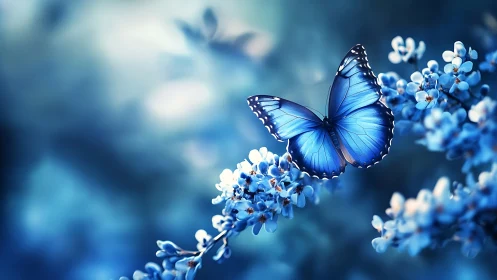 Bright blue butterfly rests gently among dreamy blossoms