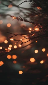 Warm fairy lights glowing on evergreen branches at dusk.