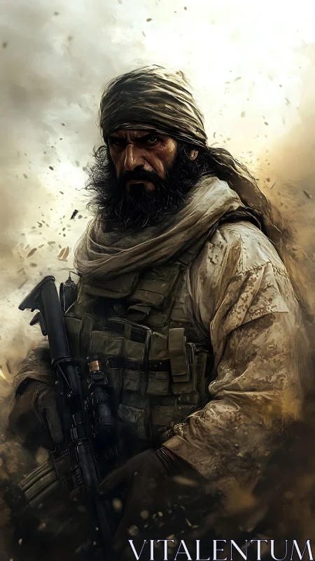 Storm-eyed desert marksman wrapped in dust and resolve.