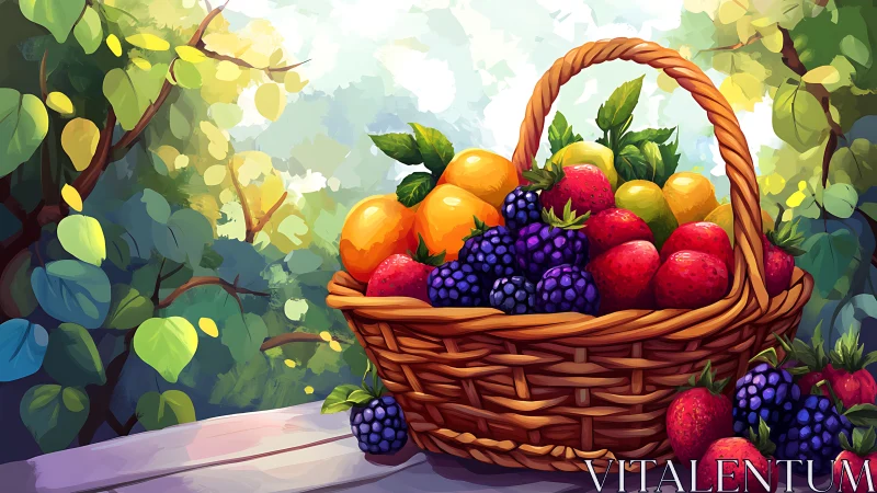 Sunlit berries and citrus gossip quietly in a wicker basket