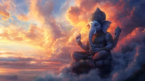 Divine Ganesha statue meditates above radiant sunset clouds