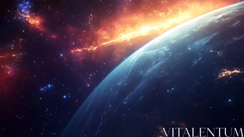 Vast blue planet curves beneath blazing galactic firestorm.
