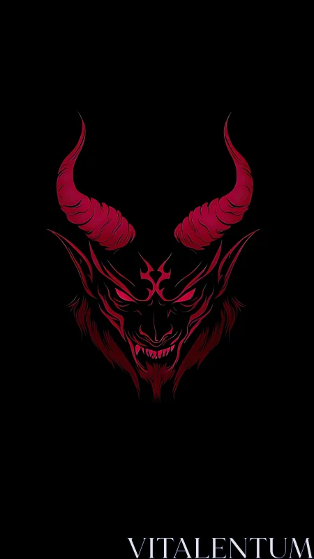 Red horned demon head illustration on black background.