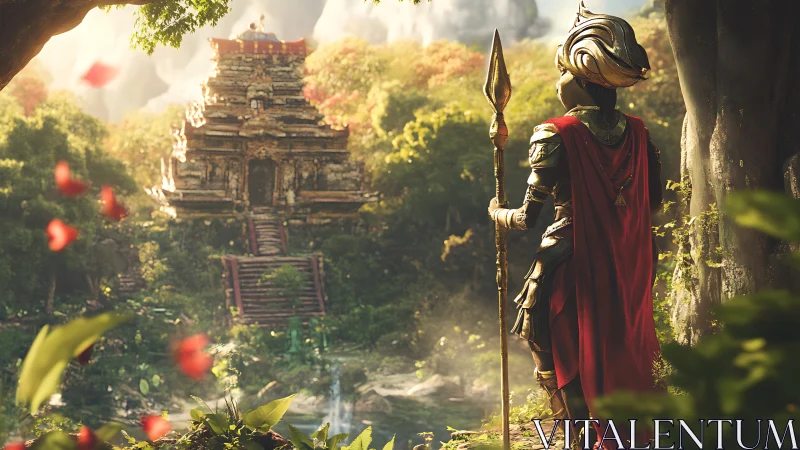 Armored sentry overlooking sunlit jungle temple ruin