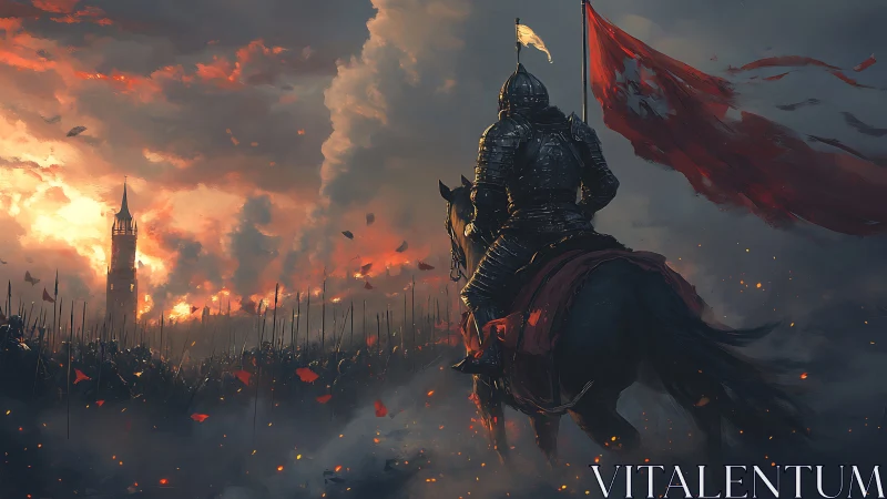 Armored horseman surveys burning battlefield at dusk