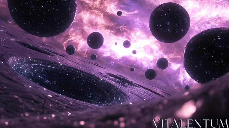 Violet cosmic void pulls star-filled spheres toward warped plane