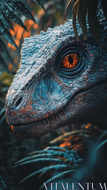 Velociraptor gaze melts jungle dusk with ember bright focus