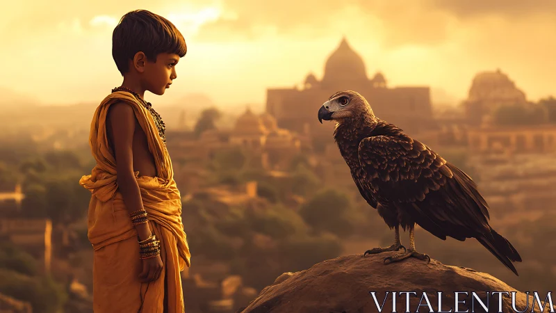 Young monk meets eagle at sunset above ancient cityscape