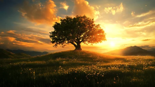 Solitary hilltop tree quietly drinks the last molten sunlight