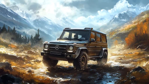 Mercedes off road SUV crossing muddy alpine valley trail.