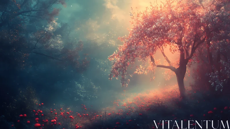 Backlit blossom tree renders volumetric light across misty meadow