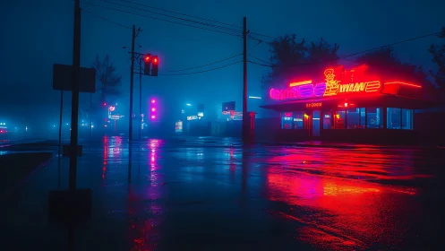 Neon diner and wet street in foggy night intersection.