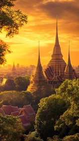Golden sunset over temple spires and city skyline in Asia.