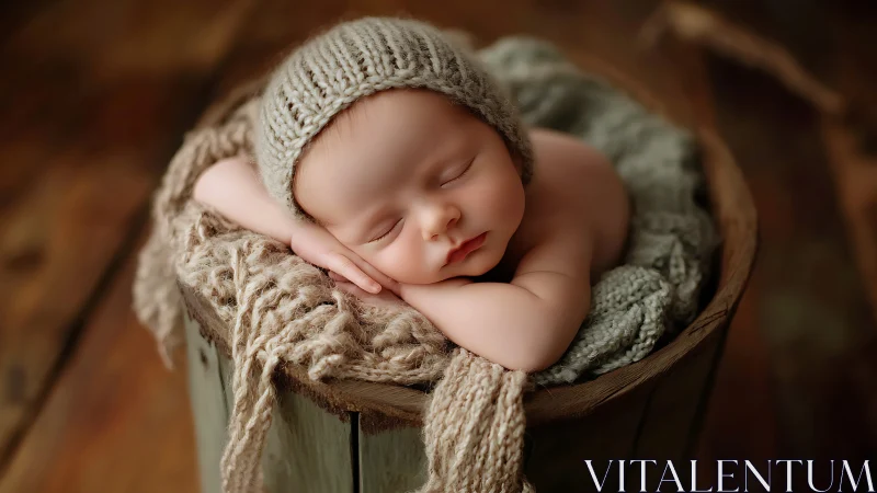 Dream-drowsy newborn tucked in a rustic yarn nest.
